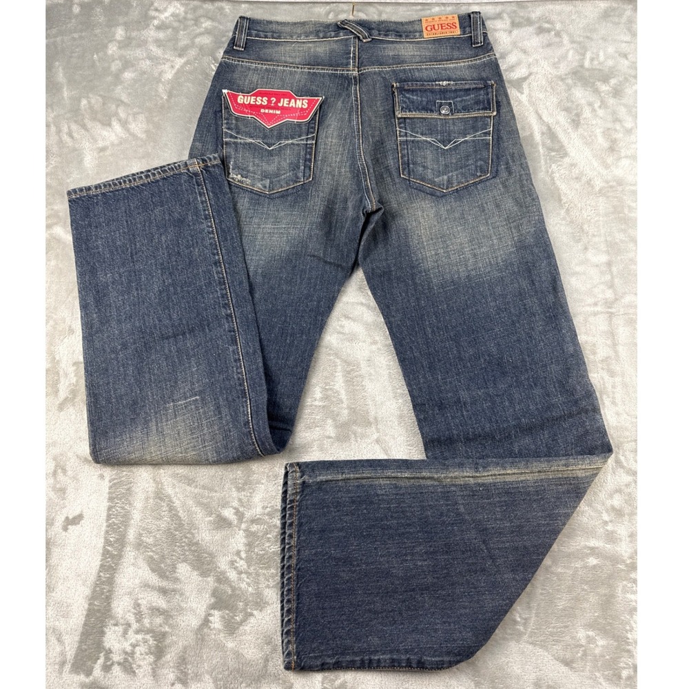 Guess Jeans Mens 30 Blue Denim Straight Leg Button Fly Distressed - Picture 6 of 8